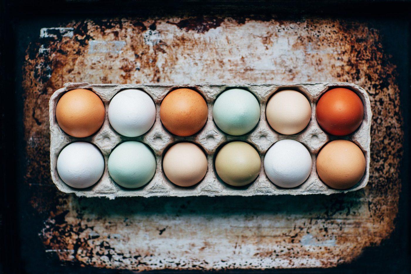 Ein Eierkarton mit zwölf braunen, weissen, blauen Eiern.