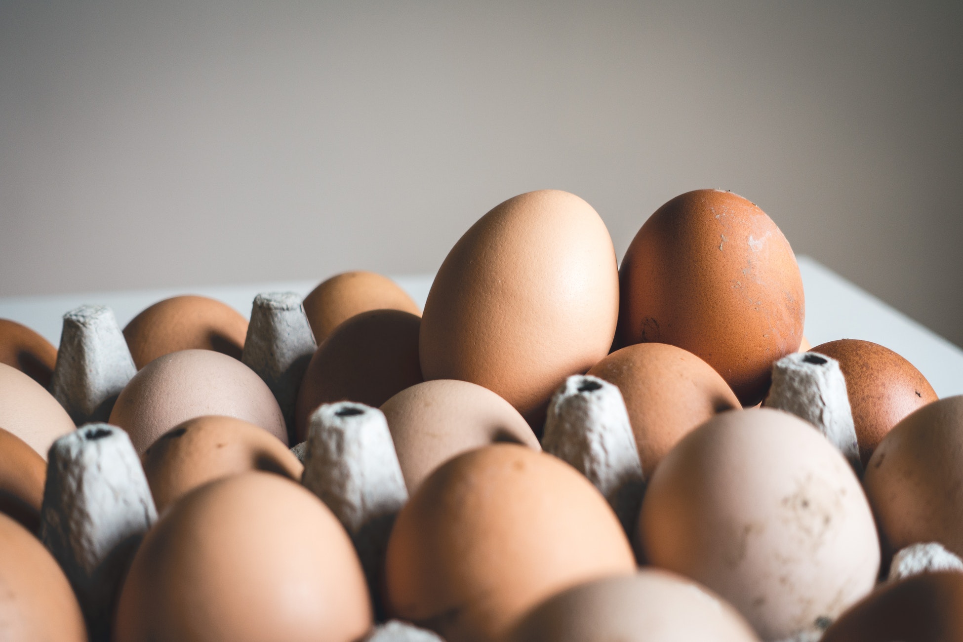 Ein grosser Eierkarton mit vielen braunen Eiern.