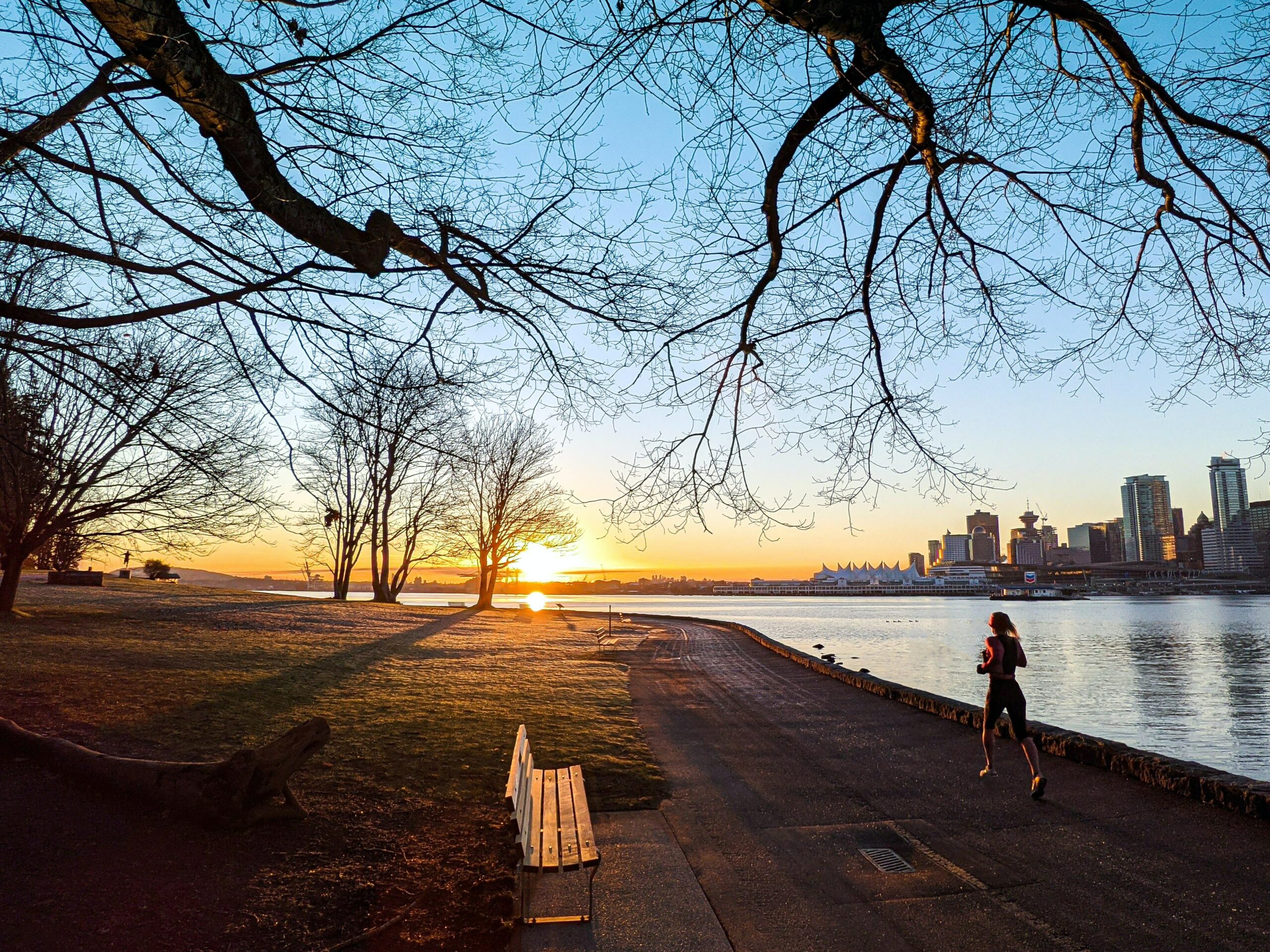 Brustkrebs Bewegung: Frau joggt bei Sonnenuntergang vor Skyline