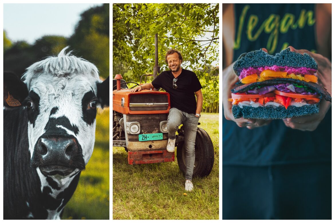 Hiltl: Drei Bilder von einer Kuh, Rolf Hiltl an einen Traktor gelehnt und einem veganen Burger