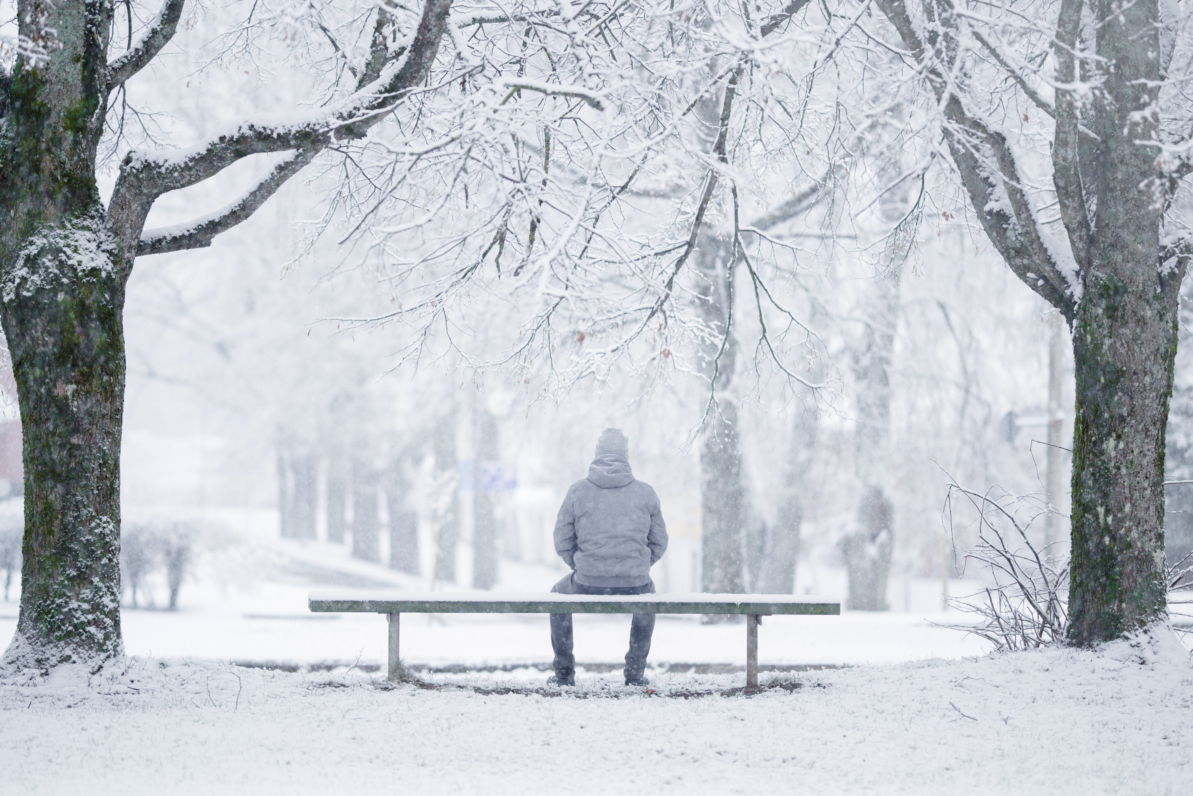 BRCA-Mutation Männer: Mann sitzt im Schnee auf einer Parkbank