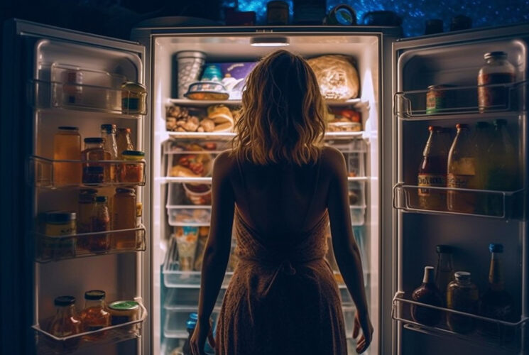 Frau vor dem Kühlschrank stehend