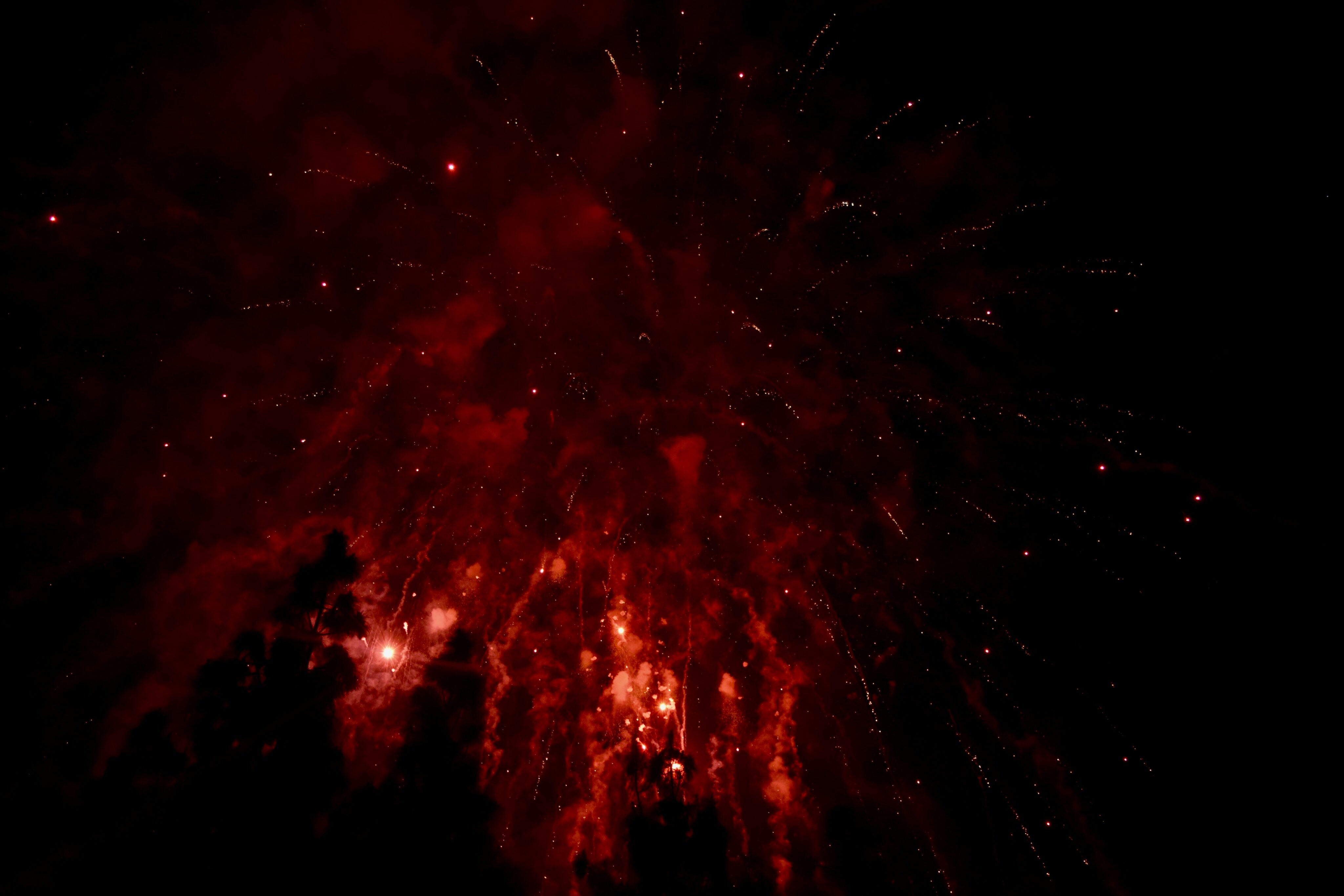 Sepsis Symptome:Feuerwerk leuchtet in intensiven Rottönen, Funken regnen vor einem nachtschwarzen Himmel herab.